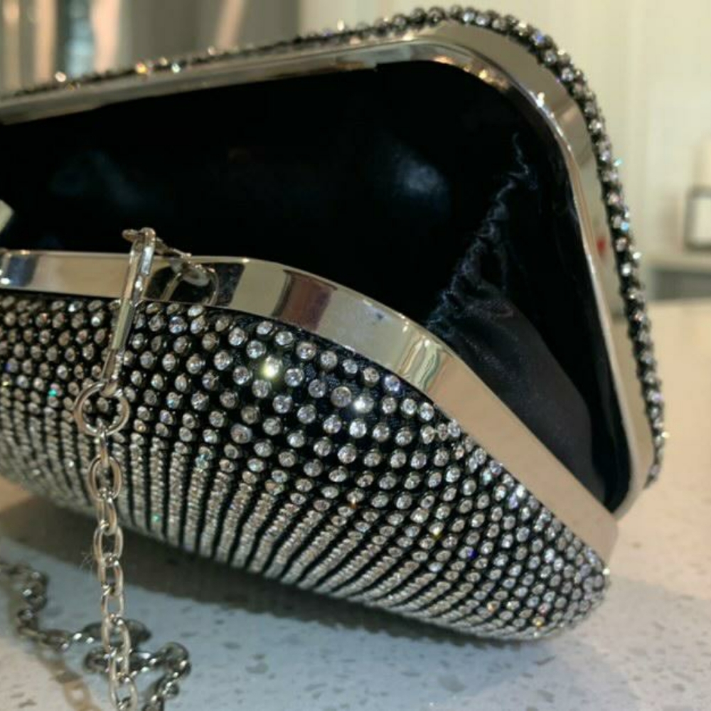 Black clutch purse with silver crystals
